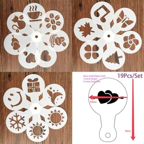 19Pcs Coffee Printing Model Coffee Stencils Fancy Coffee Drawing Cappuccino Mold Powdered Sieve Tools Foam Spray Cake Stencils