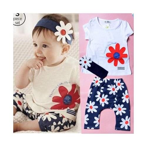 New Fashion 3pcs Infant Newborn Baby Girl Flower Headband + Top+Pants Children Kids Cute Bebe New born Casual Clothing