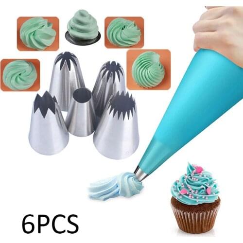 6pcs Large Russian Icing Piping Nozzles+Cream Pastry Bag Cupcake Dessert Cookies Supplies Fondant Cake Cream Decor Tips Set