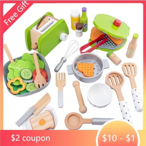 DIY Wooden Kitchen Toy Pretend Play Simulation Model Set Coffee Machine Cooking Educational Toys Gift For Children Kids Girls