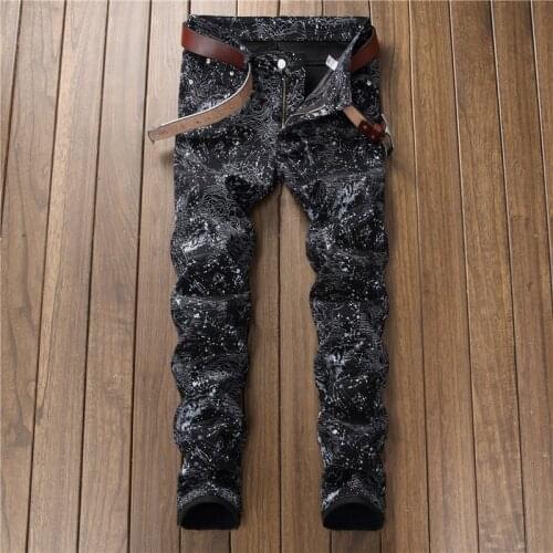Irregular stripe print jeans men black denim pant trouser slim fit strechy fancy jeans men black skinny jeans men