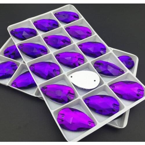 Purple Color Teardrop Glass Sew On Stone Flatback 2Holes 11x18mm 17x28mm Droplet Sewing jewelry Beads