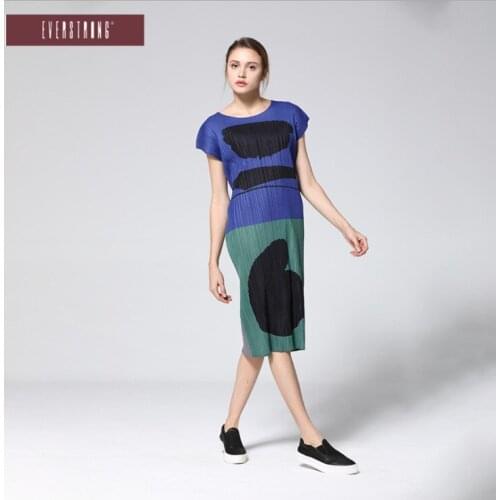 HOT SELLING Miyake Fold Printing o-neck short sleeve fashion Lace straight dress IN STOCK