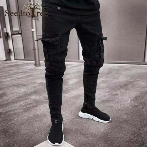 Mens Stretch Slim Jeans Big Pockets Zipper Casual Pants Solid Pencil Pants