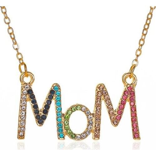 Colorful Rhinestone Mom Necklaces for Women Female Letters Pendant Necklace Gold Color Clavicle Chains Mothers Day Brithday Gift