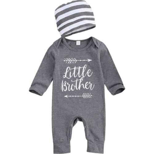 Pudcoco Baby Rompers Letter Arrow Printed Covered Button Full Length Regular Sleeve Round Neck Jumpsuit Hat