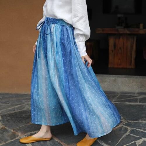 QPFJQD Ladies Loose Ramie Double Layer Skirts Elastic Waist Women 2021 Vintage Print Vintage Ramie Skirt