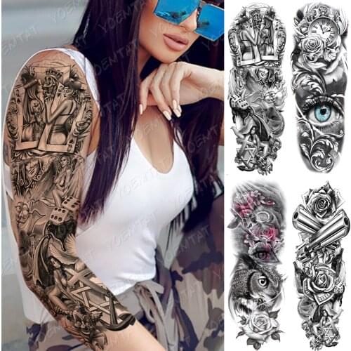 Large Arm Sleeve Tattoo Mask Clock Angel Crown Waterproof Temporary Tatto Sticker Hexagram Body Art Full Fake Tatoo Women Men