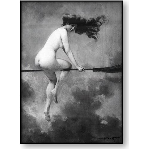 Witch Riding Broomstick Vintage Poster Wall Art Canvas Print Witch Broom Gothic Occult Halloween Antique Black White Painting