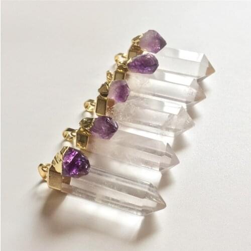 FUWO Natural Crystal Quartz Point Pendants With Gold Cap Bullet Shape Positive Energy Healing Rock Amethysts Jewelry PD336