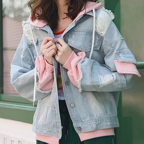 2021 Spring Autumn Washed Fake Two Pieces Pink Splicing Holes Hooded Denim Jacket Womens Plus Size Casual Harajuku Jean Jacket