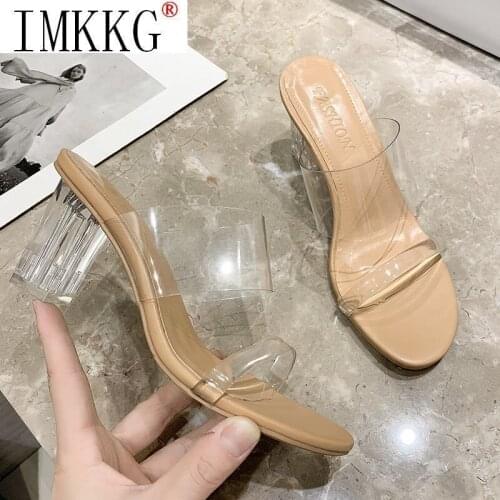 Summer High Heels Woman Sandals Clear Crystal Shoes Transparent Ladies Sexy Square Toe Beach Beach Slippers Zapatillas Mujer