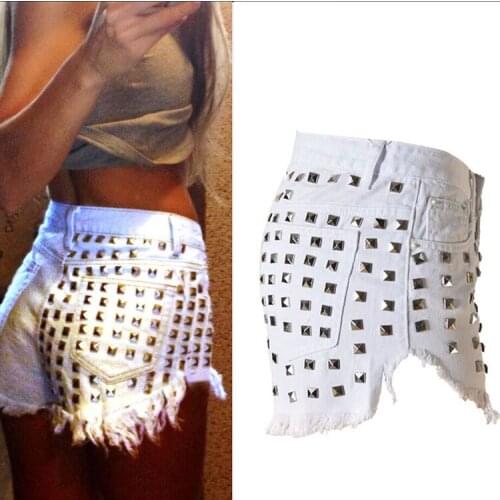 2020 Sexy Summer Women High Waist Rivet Beading Hot Ladies Denim Black White Shorts Pantalones Feminino