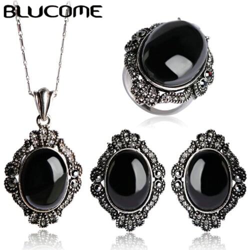 Blucome Vintage Antique Silver Color Metal Black Round Pendant Necklace Earring Ring Set Women Party Jewelry Sets Birthday Gifts
