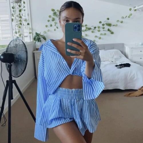 Striped Print Shorts Set Women Vintage Beach Oversized Blue Blouse Shirts Sets Suits Two Pieces Matching Set Female Clothing