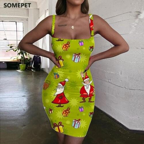 SOMEPET Santa Claus Dresses Women Christmas 3d Print Animal Halter Sleeveless Party Bodycon Dress Womens Clothing Mini Evening