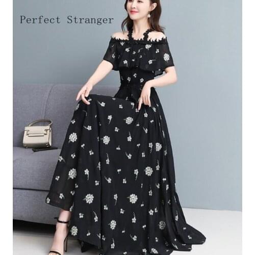 2021 Summer New Arrival Hot Sale Slash Neck Flower Embroidery Women Long Chiffon Dress Plus Size S-3XL