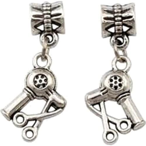 MIC 10 pcs Zinc Alloy Scissors Blow Dryer Hair Stylist Charm Big Hole Beads Fit European Charm Bracelet Jewelry 29x13 MM