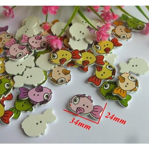 100Pcs Wood Buttons Cute fish Mixed Pattern Decoration Buttons 2 Holes Sewing Accessories botones Craft Scrapbooking 24*34mm