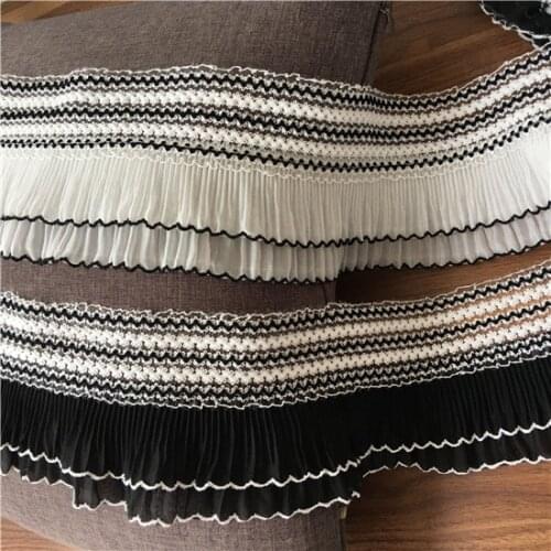 2Yards Black/White Exquisite Quality Ruffled Lace Fabric Trim Elastic Pleated Chiffon Lace For Garment DIY Accessories Z1193