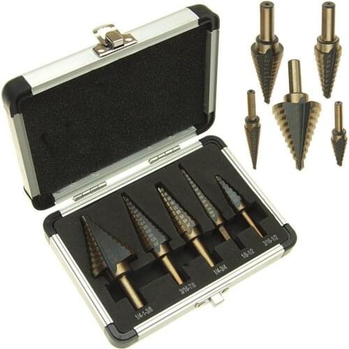 5Pcs HSS Cobalt Step Drills Multiple Hole Drilling Bit Set w/ Aluminum Case Titanium Cone Drill Hole Cutter core drill bits
