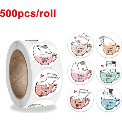 6 Types Cute Cup With Cat Thank You Stickers Seal Labels Customerize 500PCS Paper Thank You Roll Stickers For Gift Baking DIY