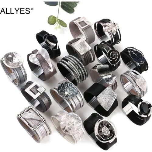 ALLYES Crystal Pearl Enamel Metal Geometric Leaf Charms Bracelets Multilayer Leather Wide Wrap Bracelet Party Unisex Jewelry