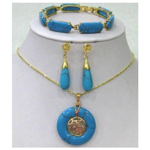 FREE shipping>>>>>>wonderful gold plate turquoise earrings bracelet pendant Necklace