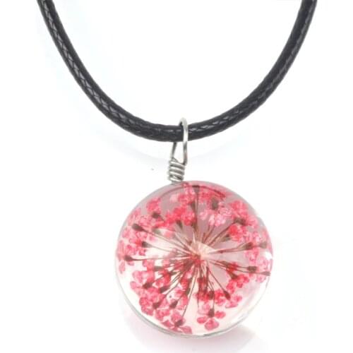 BONLAVIE Snowdrop Plant Time Gem Round Dried Flower Female Necklace Ornaments Crystal Glass Snowflake Pendant