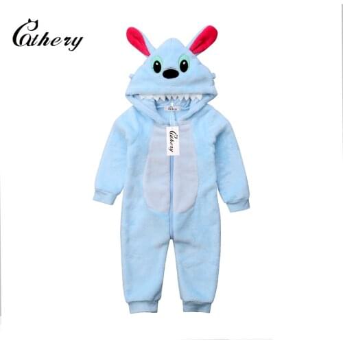 Cathery Autumn Winter Cartoon Newborn Kids Baby Boys Long Sleeve Stitch Zipper Hooded Romper Jumpsuit Outfits