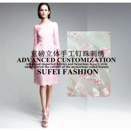 Quality handmade 130cm wide fresh water pink beading floral embroideried net lace dress cheongsam fabric S084