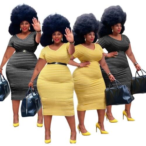 L-5XL Plus size dress women clothing fashion casual solid stripe printing short sleeve black dresses Wholesale Dropshipping