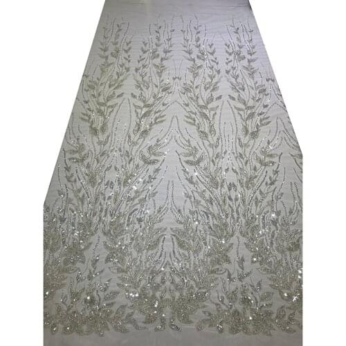 2021 Latest Guipure Embroidered Floral Beaded White Lace Wedding Fabric French Net with Pearls High Quality Mesh for Party Dress