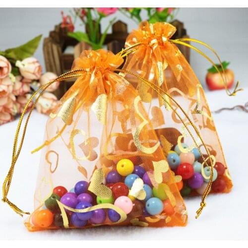 Wholesale 100pcs/lot Drawable Organza Bag 15x20cm Orange Heart Design Wedding Gift Bag Jewelry Packaging Bags & Pouches