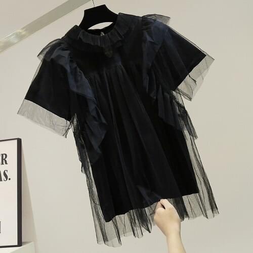 Ruffled Mesh Doll Shirt Women Fashion Tshirt 2021 Summer New Girls Ladies All-Matching Princess Tops White Black Pink