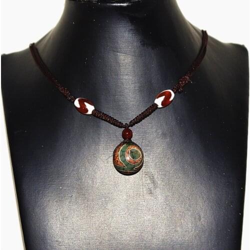 Tibetan DZI pendant necklace ladies length adjustable necklace green/mineral color round 3 eyes agate DZI Free Shipping
