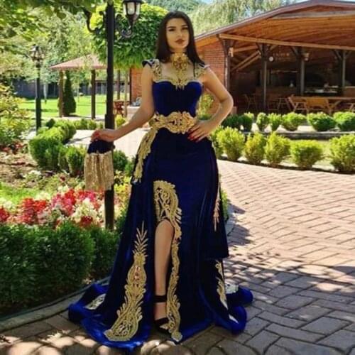 LORIE Moroccan Caftan Royal Blue Evening Dress Mermaid 2020 Dubai Lace Appliques Formal Prom Celebrity Gowns with Remove Skirt