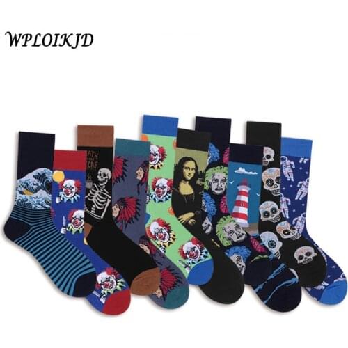[WPLOIKJD]Novelty Funny Colorful Painting Happy Socks Casual Cotton Socks Men Dress Wedding Socks Clacetines Hombre Divertidos