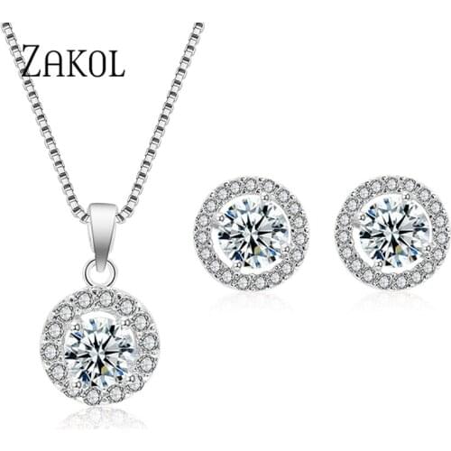 ZAKOL Trendy Girl Micro Inlay Jewelry Set Hot Sale Round Crystal Rhinestone Stud Earrings & Pendants/Necklace For Women FSSP266