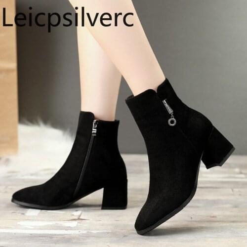 Womens Boots Autumn And Winter The New Square head zipper Metal Decoration mid heel Short tube Womens shoes plus size 31-43