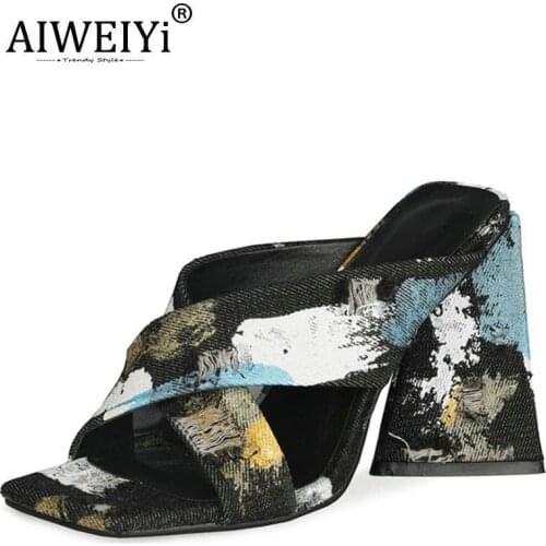 AIWEIYi Denim Woman Slipper Sandals Designer Slip On Mules Shoes Strange High Heels Square Head Casual Slides Flip Flops