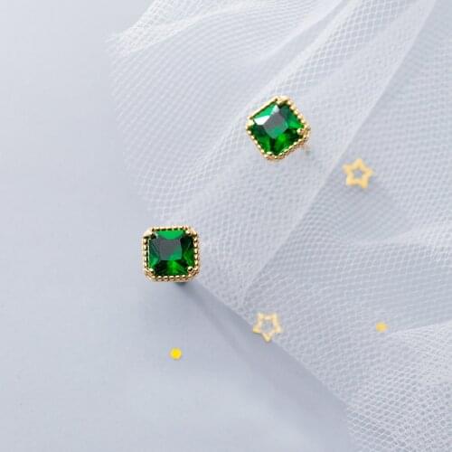 MloveAcc 925 Sterling Silver Green CZ Zirconia Simple Square Small Stud Earrings for Women Fashion Silver Earrings Jewelry