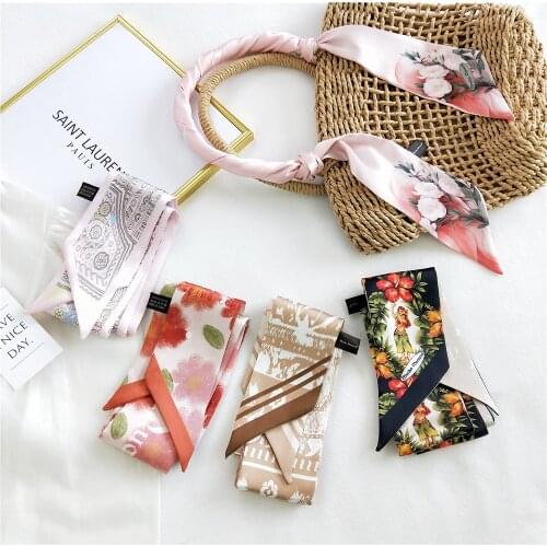 2021Women Small Long Silk Neck Scarf Novel Double-Sided Different Printing Summer Headband bags Hats Ribbon Chic Neckerchiefs