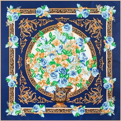 POBING Spain Royal Floral Print 100% Silk Scarf Women Big Bandana Neckerchief Female Hijab Square Scarves Silk Foulards 130CM