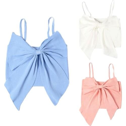 Y166 Women Spaghetti Strap Knitted Camisole Sweet Big Bow Knot Front Slim Crop Top Kawaii Solid Color Basic Sling Vest Shirt