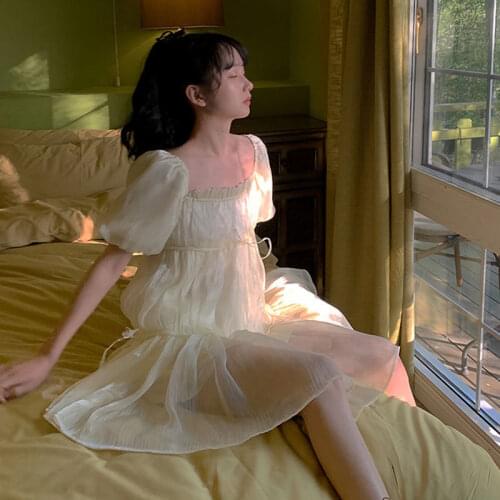 French Style Retro Reflective Sequins Silk Dress For 16 18 Years Old Teens Girl 2021 Summer Lovely Bubble Sleeve Teenager Wear