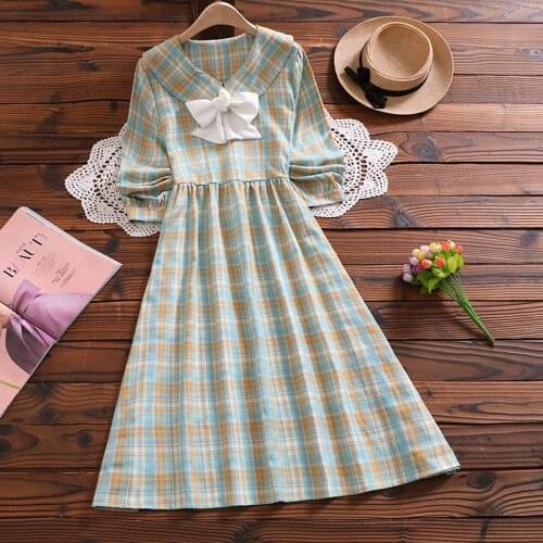 Mori girl cute sweet plaid dress Japan style autumn fashion new arrival bow long sleeve women vintage vestidos