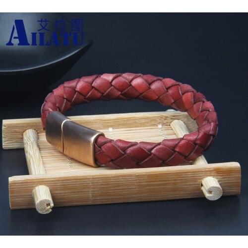 Ailatu 10pcs Classic Vintage Genuine Leather Stainless Steel Bracelet Rose Gold Color Button Accessories Christmas Gifts