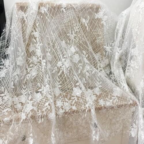 Beige plaid sequins mesh embroidery lace fabric wedding dress feel DIY fabric Accessories