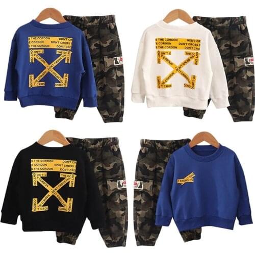 Baby Spring New Sweater + Camouflage Trousers Suit Boy Children Letter Printing Decoration Round Neck Long Sleeve Top Pants Set